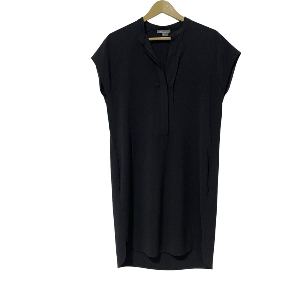 Vince Black V Neck Cap Sleeve Mini Shift Dress Sz Small Minimalist Quiet Luxury
